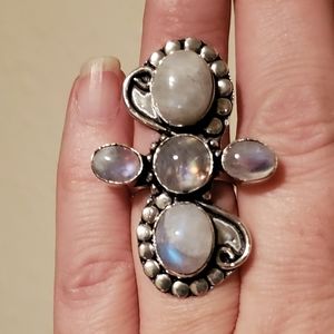 New Rainbow Moonstone 925 Silver Statement Ring.